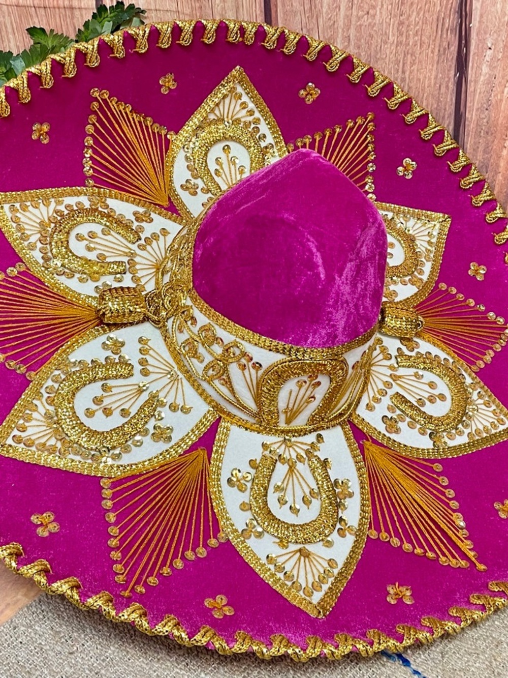 Embroidered Fuchsia Velvet Mariachi Sombrero with Gold Accents